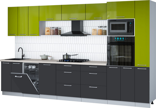 Изображение товара Кухонный гарнитур Интерлиния Мила Gloss 3.6-ПМ3 (пепел/яблоко глянец/травертин серый)