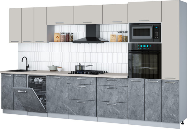 Изображение товара Кухонный гарнитур Интерлиния Мила Gloss 3.6-ПМ3 (керамика/кашемир/травертин серый)
