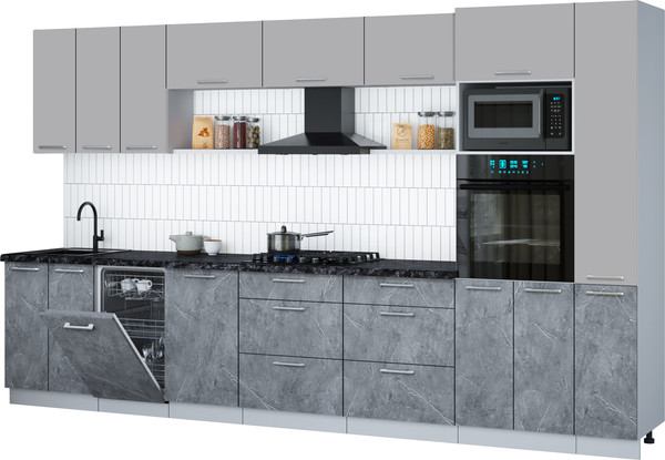 Изображение товара Кухонный гарнитур Интерлиния Мила Gloss 3.6-ПМ3 (керамика/грей/кастилло темный)