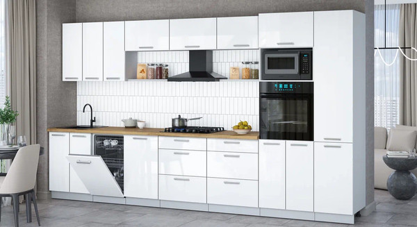 Изображение товара Кухонный гарнитур Интерлиния Мила Gloss 3.7-ПМ3 (белый глянец/белый глянец/дуб бунратти)