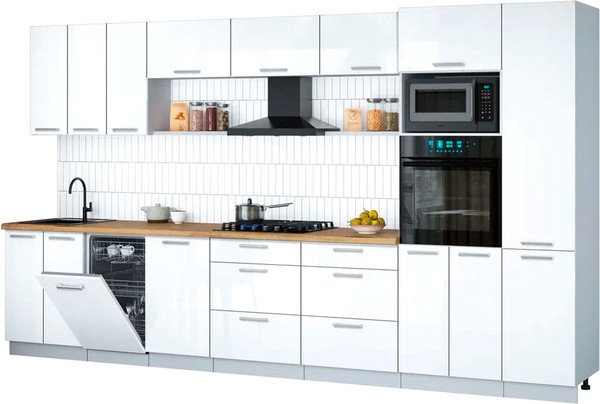 Изображение товара Кухонный гарнитур Интерлиния Мила Gloss 3.7-ПМ3 (белый глянец/белый глянец/дуб бунратти)