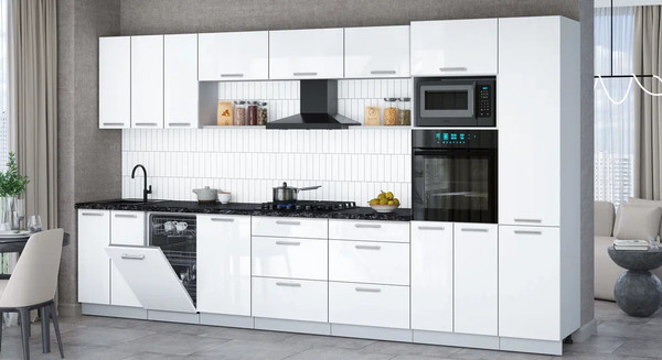 Изображение товара Кухонный гарнитур Интерлиния Мила Gloss 3.7-ПМ3 (белый глянец/белый глянец/кастилло темный)