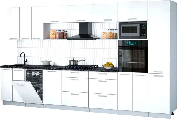 Изображение товара Кухонный гарнитур Интерлиния Мила Gloss 3.7-ПМ3 (белый глянец/белый глянец/кастилло темный)