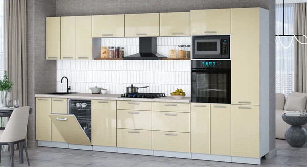 Изображение товара Кухонный гарнитур Интерлиния Мила Gloss 3.7-ПМ3 (ваниль глянец/ваниль глянец/травертин серый)