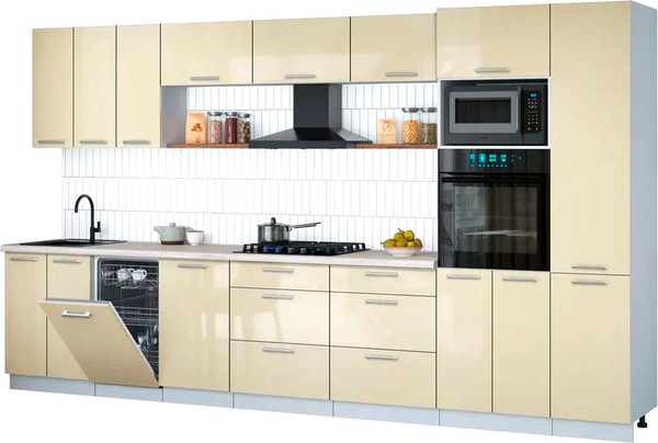 Изображение товара Кухонный гарнитур Интерлиния Мила Gloss 3.7-ПМ3 (ваниль глянец/ваниль глянец/травертин серый)