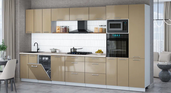 Изображение товара Кухонный гарнитур Интерлиния Мила Gloss 3.7-ПМ3 (капучино глянец/капучино глянец/бискайская сосна)