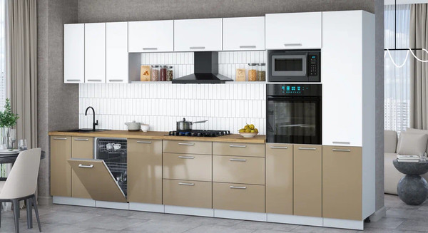 Изображение товара Кухонный гарнитур Интерлиния Мила Gloss 3.7-ПМ3 (капучино глянец/белый/дуб бунратти)