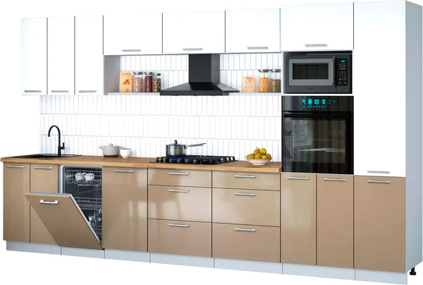 Изображение товара Кухонный гарнитур Интерлиния Мила Gloss 3.7-ПМ3 (капучино глянец/белый/дуб бунратти)