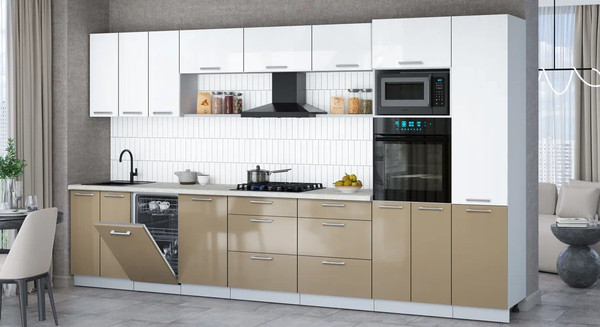 Изображение товара Кухонный гарнитур Интерлиния Мила Gloss 3.7-ПМ3 (капучино глянец/белый глянец/опал светлый)