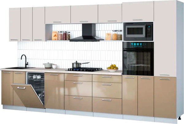 Изображение товара Кухонный гарнитур Интерлиния Мила Gloss 3.7-ПМ3 (капучино глянец/кашемир/травертин серый)