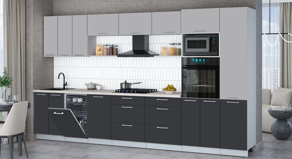 Изображение товара Кухонный гарнитур Интерлиния Мила Gloss 3.7-ПМ3 (пепел/грей/травертин серый)