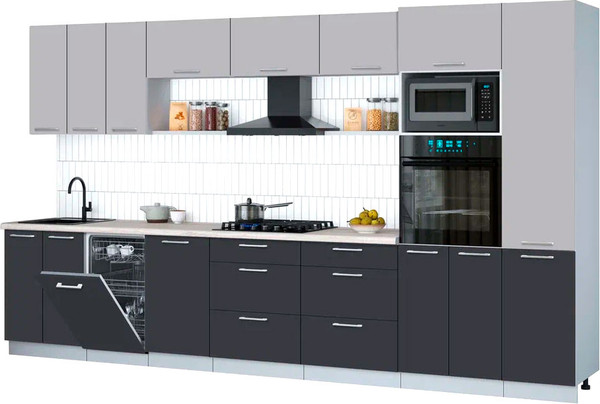 Изображение товара Кухонный гарнитур Интерлиния Мила Gloss 3.7-ПМ3 (пепел/грей/травертин серый)
