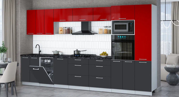 Изображение товара Кухонный гарнитур Интерлиния Мила Gloss 3.7-ПМ3 (пепел/красный глянец/кастилло темный)