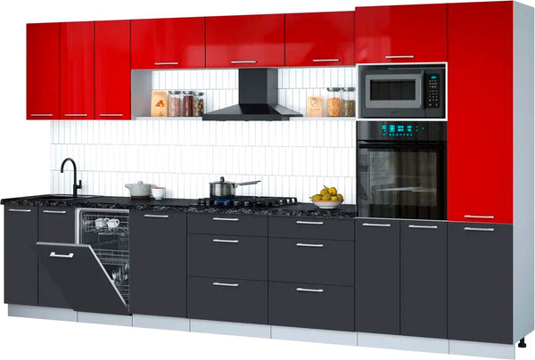 Изображение товара Кухонный гарнитур Интерлиния Мила Gloss 3.7-ПМ3 (пепел/красный глянец/кастилло темный)