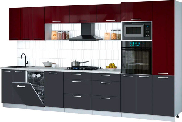 Изображение товара Кухонный гарнитур Интерлиния Мила Gloss 3.7-ПМ3 (пепел/бордовый глянец/серый каспий)