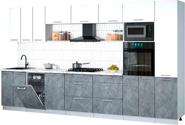 Изображение товара Кухонный гарнитур Интерлиния Мила Gloss 3.7-ПМ3 (керамика/белый/белый гранит)