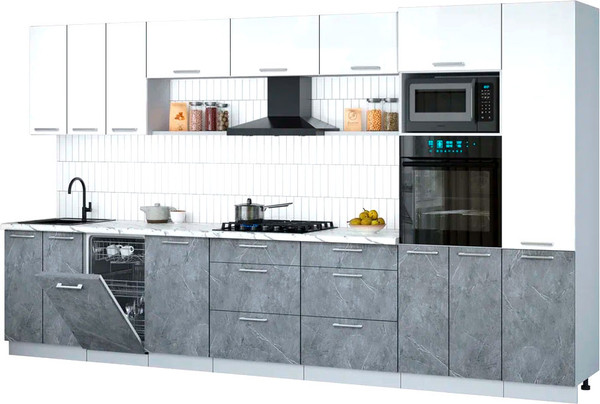 Изображение товара Кухонный гарнитур Интерлиния Мила Gloss 3.7-ПМ3 (керамика/белый глянец/белый гранит)