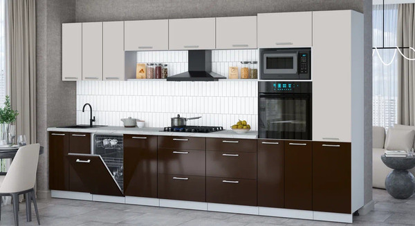 Изображение товара Кухонный гарнитур Интерлиния Мила Gloss 3.7-ПМ3 (шоколад глянец/кашемир/серый каспий)