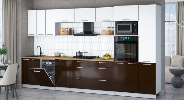 Изображение товара Кухонный гарнитур Интерлиния Мила Gloss 3.7-ПМ3 (шоколад глянец/белый/дуб бунратти)