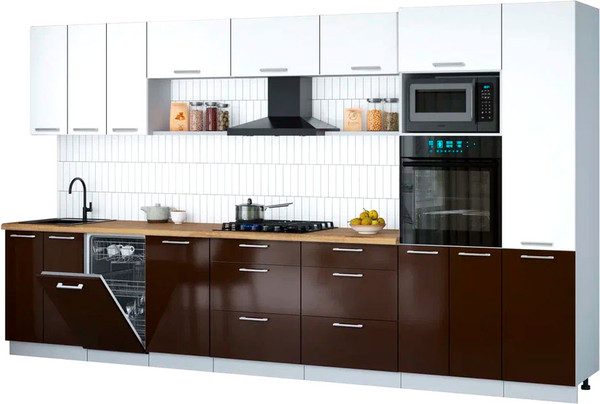 Изображение товара Кухонный гарнитур Интерлиния Мила Gloss 3.7-ПМ3 (шоколад глянец/белый/дуб бунратти)