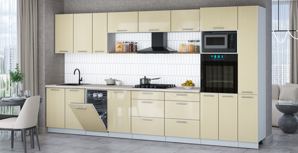 Изображение товара Кухонный гарнитур Интерлиния Мила Gloss 3.8-ПМ3 (ваниль глянец/ваниль глянец/травертин серый)