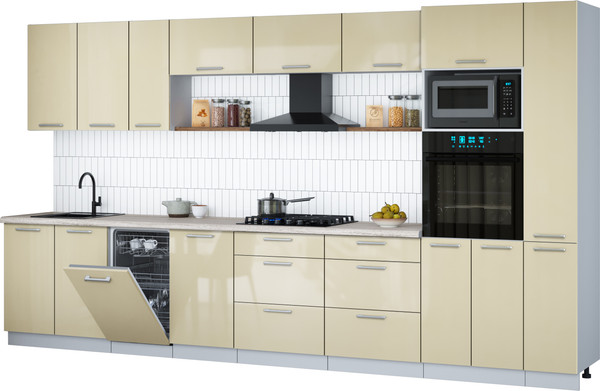 Изображение товара Кухонный гарнитур Интерлиния Мила Gloss 3.8-ПМ3 (ваниль глянец/ваниль глянец/травертин серый)