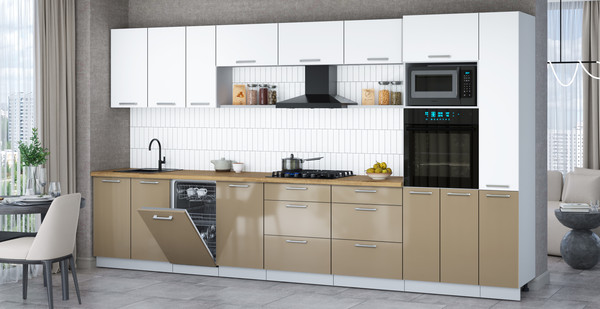 Изображение товара Кухонный гарнитур Интерлиния Мила Gloss 3.8-ПМ3 (капучино глянец/белый/дуб бунратти)