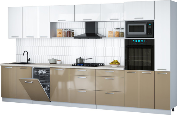 Изображение товара Кухонный гарнитур Интерлиния Мила Gloss 3.8-ПМ3 (капучино глянец/белый глянец/опал светлый)