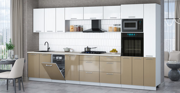 Изображение товара Кухонный гарнитур Интерлиния Мила Gloss 3.8-ПМ3 (капучино глянец/белый глянец/опал светлый)