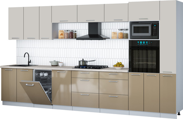 Изображение товара Кухонный гарнитур Интерлиния Мила Gloss 3.8-ПМ3 (капучино глянец/кашемир/травертин серый)