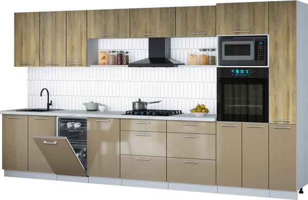 Изображение товара Кухонный гарнитур Интерлиния Мила Gloss 3.8-ПМ3 (капучино глянец/дуб вотан/серый каспий)