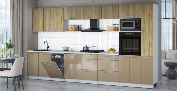 Изображение товара Кухонный гарнитур Интерлиния Мила Gloss 3.8-ПМ3 (капучино глянец/дуб вотан/серый каспий)