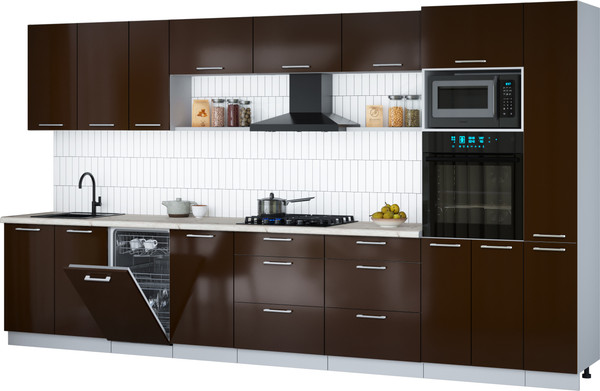 Изображение товара Кухонный гарнитур Интерлиния Мила Gloss 3.8-ПМ3 (шоколад глянец/шоколад глянец/бискайская сосна)