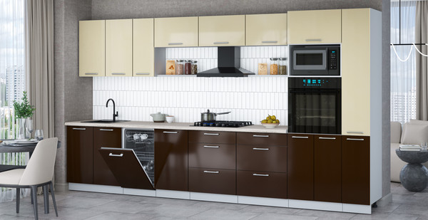 Изображение товара Кухонный гарнитур Интерлиния Мила Gloss 3.8-ПМ3 (шоколад глянец/ваниль глянец/травертин серый)