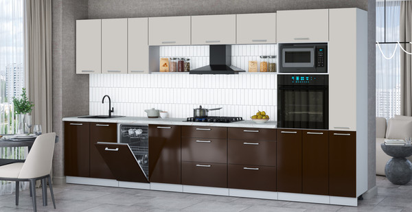 Изображение товара Кухонный гарнитур Интерлиния Мила Gloss 3.8-ПМ3 (шоколад глянец/кашемир/серый каспий)