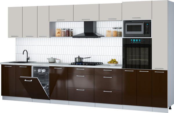 Изображение товара Кухонный гарнитур Интерлиния Мила Gloss 3.8-ПМ3 (шоколад глянец/кашемир/серый каспий)
