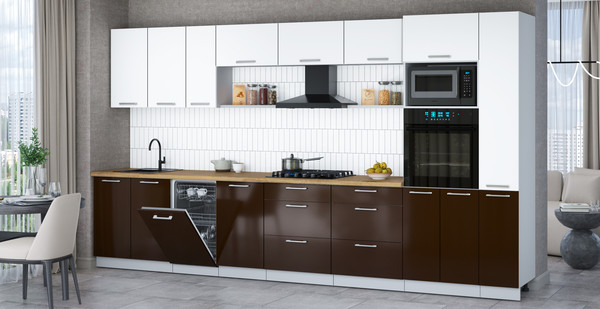 Изображение товара Кухонный гарнитур Интерлиния Мила Gloss 3.8-ПМ3 (шоколад глянец/белый/дуб бунратти)