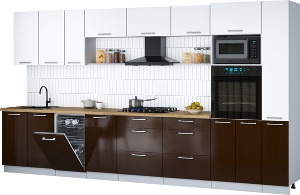 Изображение товара Кухонный гарнитур Интерлиния Мила Gloss 3.8-ПМ3 (шоколад глянец/белый/дуб бунратти)