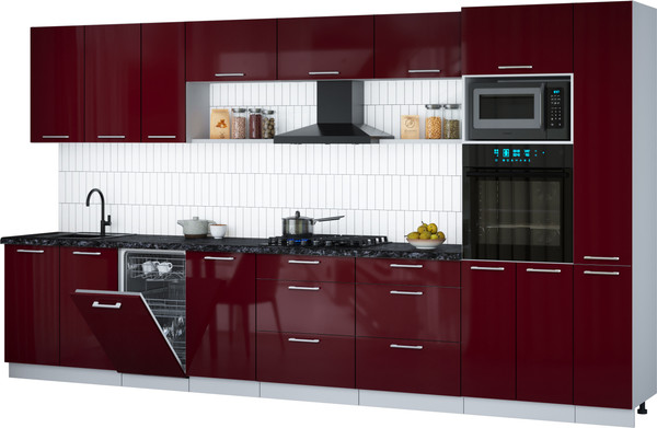 Изображение товара Кухонный гарнитур Интерлиния Мила Gloss 3.8-ПМ3 (бордовый глянец/бордовый глянец/кастилло темный)