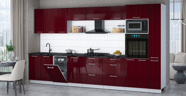 Изображение товара Кухонный гарнитур Интерлиния Мила Gloss 3.8-ПМ3 (бордовый глянец/бордовый глянец/кастилло темный)