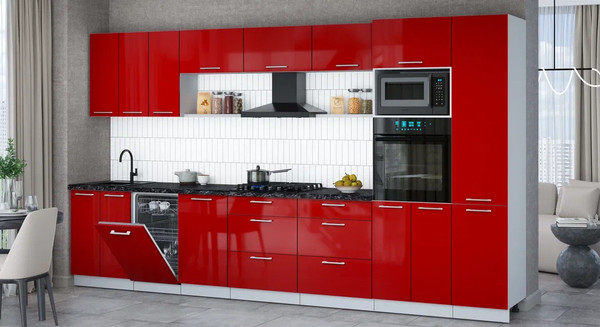 Изображение товара Кухонный гарнитур Интерлиния Мила Gloss 3.7-ПМ3 (красный глянец/красный глянец/кастилло темный)