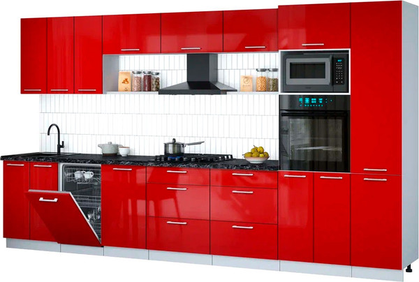 Изображение товара Кухонный гарнитур Интерлиния Мила Gloss 3.7-ПМ3 (красный глянец/красный глянец/кастилло темный)