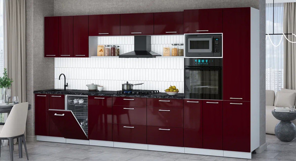 Изображение товара Кухонный гарнитур Интерлиния Мила Gloss 3.7-ПМ3 (бордовый глянец/бордовый глянец/кастилло темный)