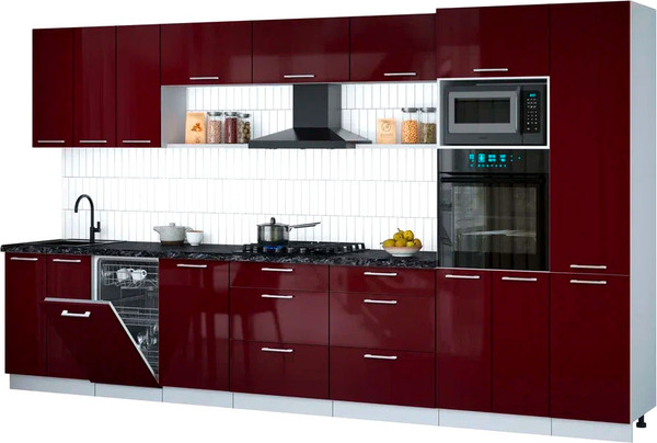 Изображение товара Кухонный гарнитур Интерлиния Мила Gloss 3.7-ПМ3 (бордовый глянец/бордовый глянец/кастилло темный)