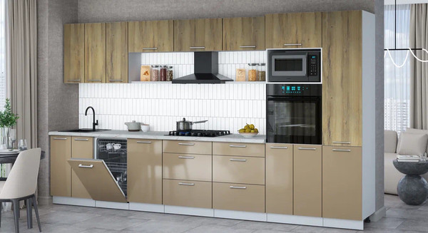 Изображение товара Кухонный гарнитур Интерлиния Мила Gloss 3.7-ПМ3 (капучино глянец/дуб вотан/серый каспий)