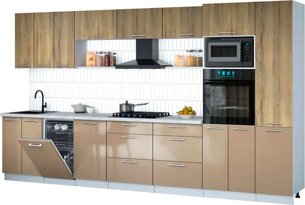 Изображение товара Кухонный гарнитур Интерлиния Мила Gloss 3.7-ПМ3 (капучино глянец/дуб вотан/серый каспий)