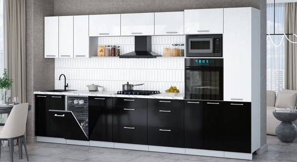 Изображение товара Кухонный гарнитур Интерлиния Мила Gloss 3.7-ПМ3 (черный глянец/белый глянец/белый гранит)