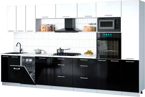 Изображение товара Кухонный гарнитур Интерлиния Мила Gloss 3.7-ПМ3 (черный глянец/белый глянец/белый гранит)