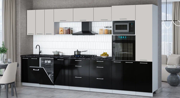 Изображение товара Кухонный гарнитур Интерлиния Мила Gloss 3.7-ПМ3 (черный глянец/кашемир/кастилло темный)