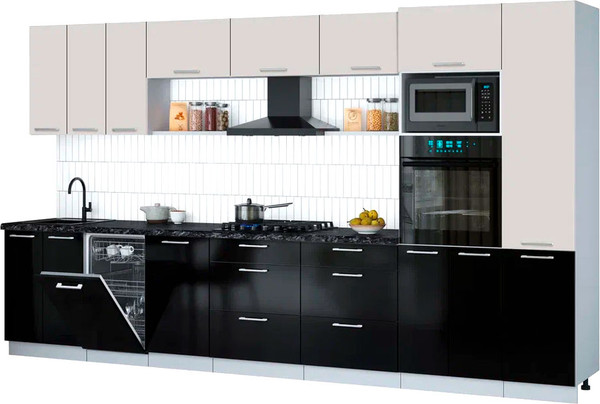 Изображение товара Кухонный гарнитур Интерлиния Мила Gloss 3.7-ПМ3 (черный глянец/кашемир/кастилло темный)